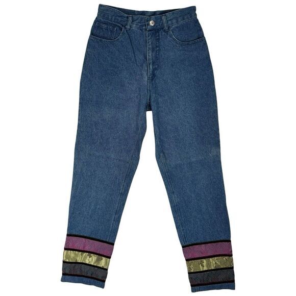 Vintage Lucia Lukken High Waist Mom Jeans Size 4 Brocade Patchwork‎ Trim Hippie - Picture 1 of 16